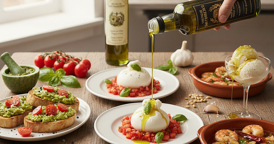 Composición de 5 recetas con aceite de oliva virgen extra Molino de San Francisco (tosta, tartar de burrata, gambas al ajillo, pesto y helado con AOVE).
