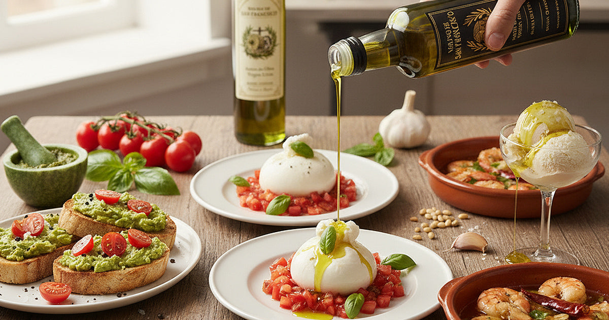 Composición de 5 recetas con aceite de oliva virgen extra Molino de San Francisco (tosta, tartar de burrata, gambas al ajillo, pesto y helado con AOVE).