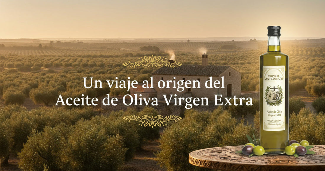 Aceite de Oliva Virgen Extra Molino de San Francisco en un paisaje andaluz al amanecer.