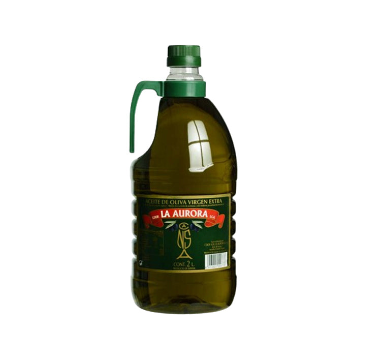 Botella de plástico de 2 litros de Aceite de Oliva Virgen Extra (AOVE) La Aurora. La botella, de color verde oscuro, tiene un asa superior y una etiqueta en el centro con el logo de "La Aurora" en rojo.