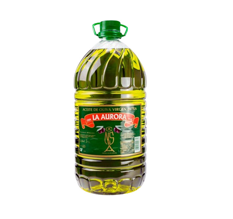Garrafa de plástico de 5 litros de Aceite de Oliva Virgen Extra (AOVE) La Aurora. La garrafa es transparente con el aceite de color amarillo verdoso, asa y tapón verdes, y una etiqueta central con el nombre "La Aurora" en rojo.