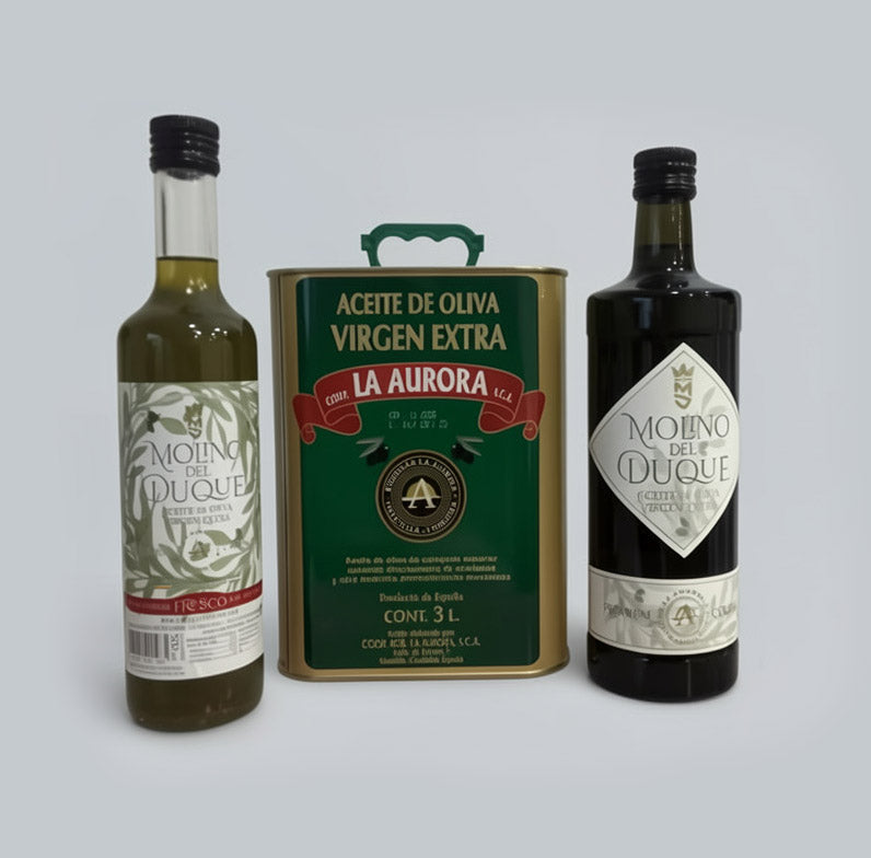 Pack de degustación de Aceite de Oliva Virgen Extra de Bodegas La Aurora que incluye botella de Molino del Duque Verde, lata de 3 litros de AOVE La Aurora y botella de Molino del Duque Selección.