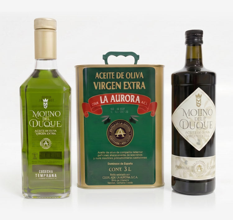 Pack de degustación de Aceite de Oliva Virgen Extra de Bodegas La Aurora que incluye botella de Molino del Duque Verde, lata de 3 litros de AOVE La Aurora y botella de Molino del Duque Selección.